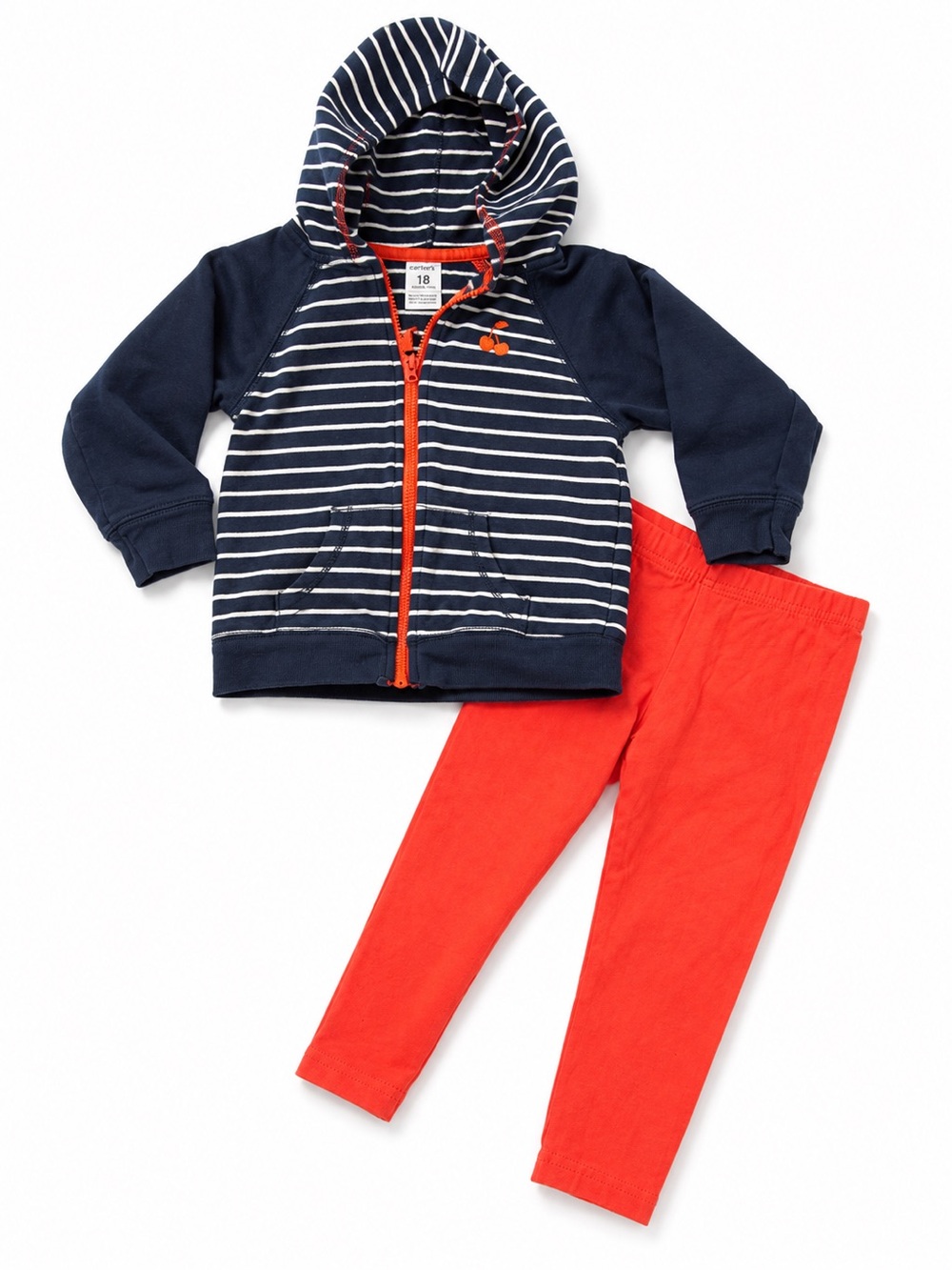 Carters Navy Striped Hoodie with a cherry & Bright Red Leggings Set